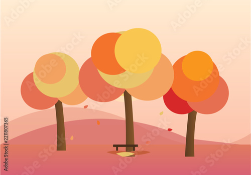 Beautiful autumn landscape vector illustration featuring silhouette trees with vibrant colorful leaves in shades of orange, autumn themes, greeting cards, and nature wallpapers.