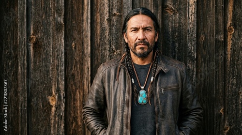 Native American Man in Leather Jacket with Turquoise Necklace