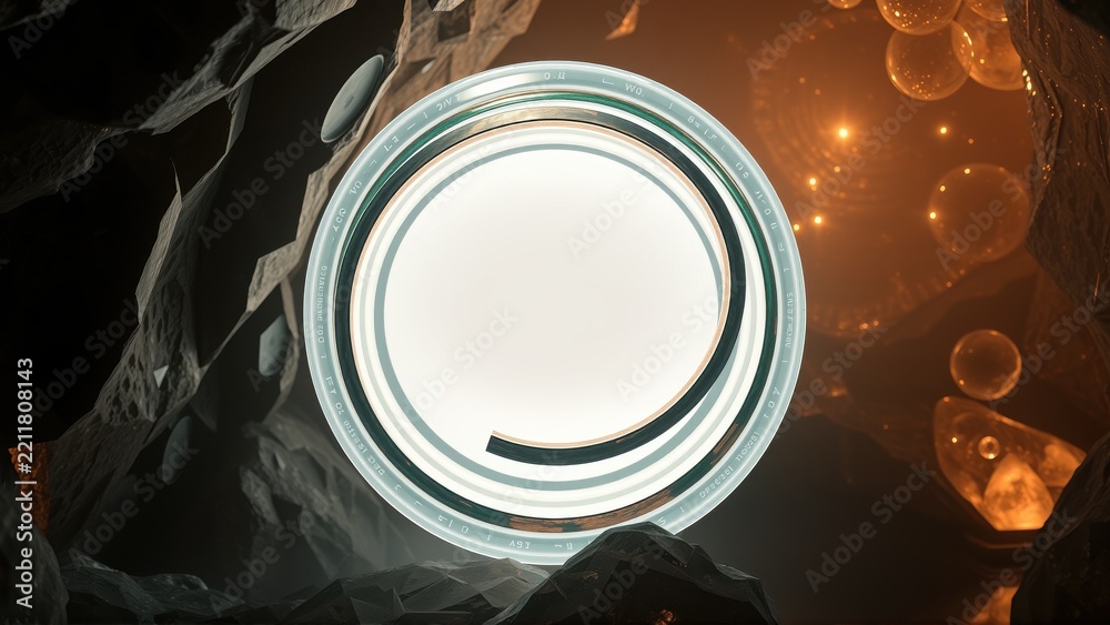 Fototapeta premium Futuristic portal glows amidst rocky terrain. Warm light emanates from surrounding spheres, creating dramatic contrast. Mysterious, inviting scene.