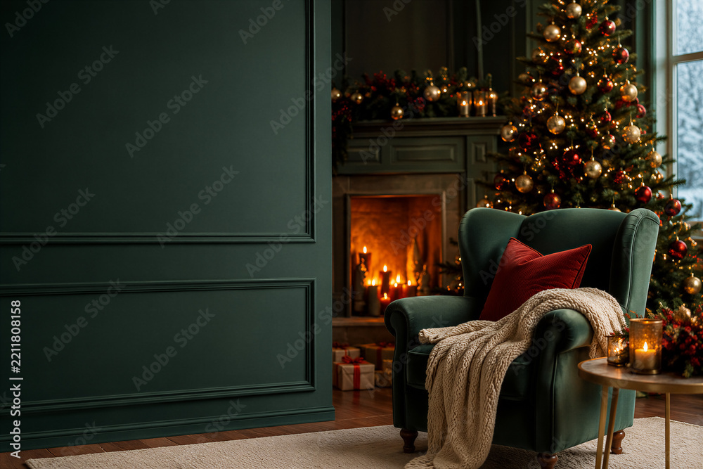 Obraz premium Cozy living room interior featuring a decorated Christmas tree and glowing fireplace, velvet armchair with red pillow and knit blanket. Festive holiday celebration, home decor, winter atmosphere.