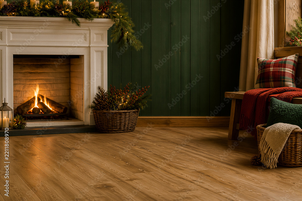 Obraz premium Cozy fireplace with burning logs in a rustic living room, festive garland with lights on mantel, wooden floor and warm atmosphere. Interior design, winter comfort, home decor.