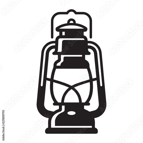 Vintage style camping lantern black silhouette icon for outdoor recreation and nighttime hiking illumination.