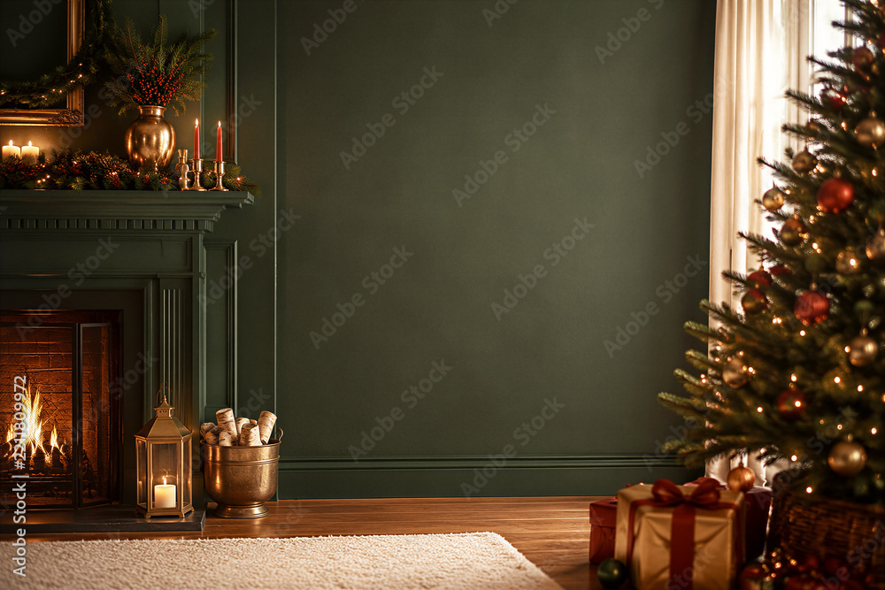 Obraz premium Decorated Christmas tree and burning fireplace in cozy dark green living room, festive ornaments and wrapped gifts, holiday home interior decoration.