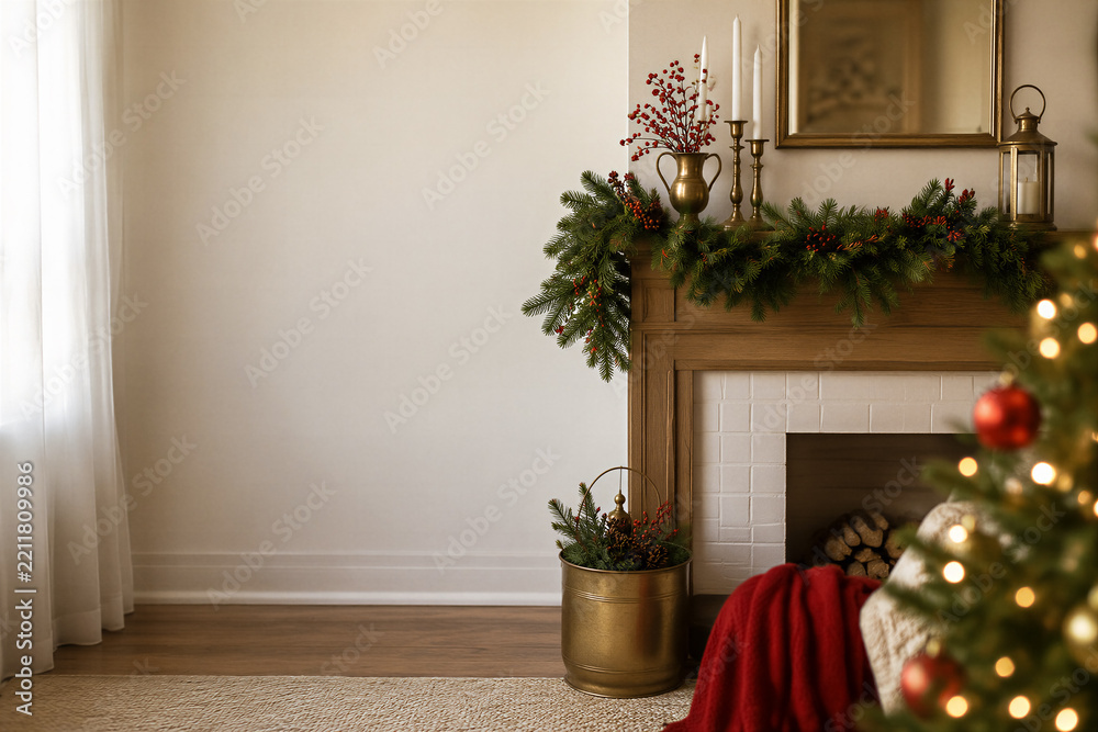 Obraz premium Festive fireplace mantel decorated with evergreen garland, red berries, and white candles, Christmas tree in foreground with bokeh lights. Holiday decor, winter celebration, interior design.