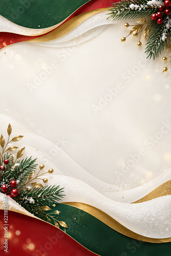 Christmas border frame with pine branches, red berries, and gold leaves on white wavy background, festive holiday decoration. Winter celebrations, seasonal greeting cards, advertising, web banners.