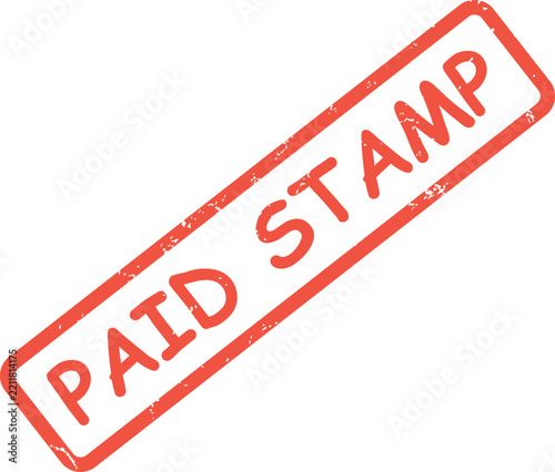 A red rubber stamp with the text paid stamp in a rectangular border on a white background surface