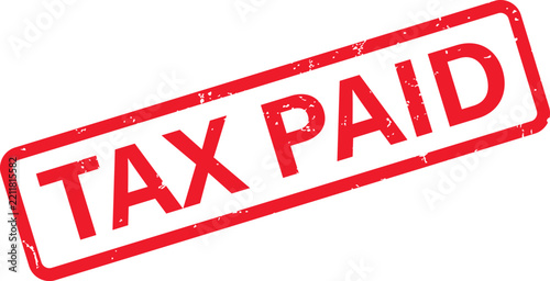A red rubber stamp with the text tax paid, featuring a rectangular border on a clean white... desi