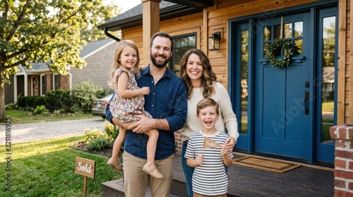 Happy family with two children standing on the porch in front of their new house holding a sold sign