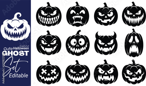 Halloween scary pumpkin silhouette vector set with spooky jack o lantern devil face icons isolated on white background