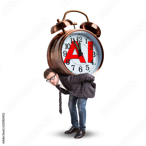 Businessman burdened by giant AI alarm clock set at five to twelve isolated from background