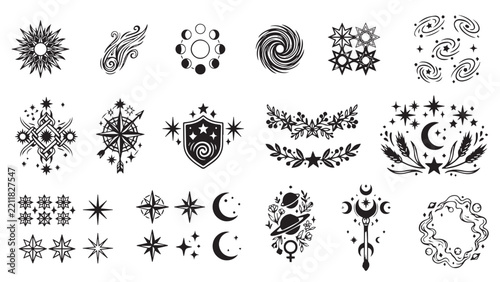 Black and white set of esoteric celestial astrological and magical design elements featuring suns moons stars eyes and cosmic symbols isolated on a white background