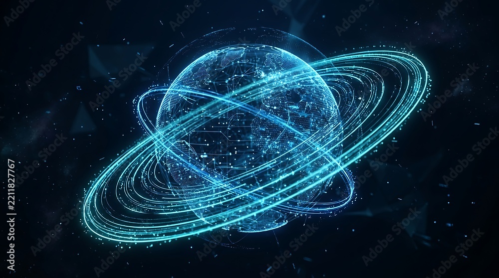 Fototapeta premium Digital earth with glowing network connections and orbiting rings on a dark blue background