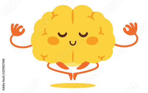 Cute Meditating Brain Cartoon Character Mindfulness Wellness Vector Illustration.