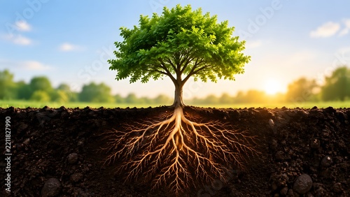 A lush green tree standing proudly with its glowing, intricate root system visible underground beneath a vibrant sunrise, symbolizing nature, life origins, interconnectedness, and growth.