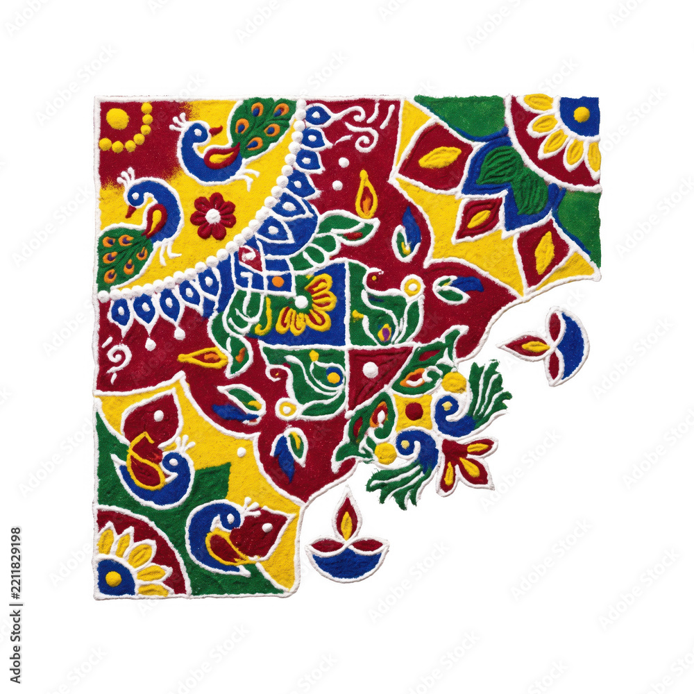 Fototapeta premium Colorful rangoli design corner with peacock and diya pattern isolated on transparent background