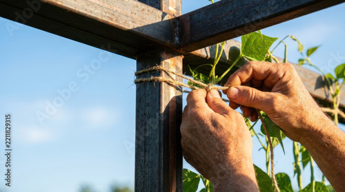 Vine training garden hand trellis plant support food security solutions using sustainable gardening practice and careful tying warm sunlight