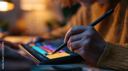 Designer using stylus on digital tablet with modular color blocks in warm studio