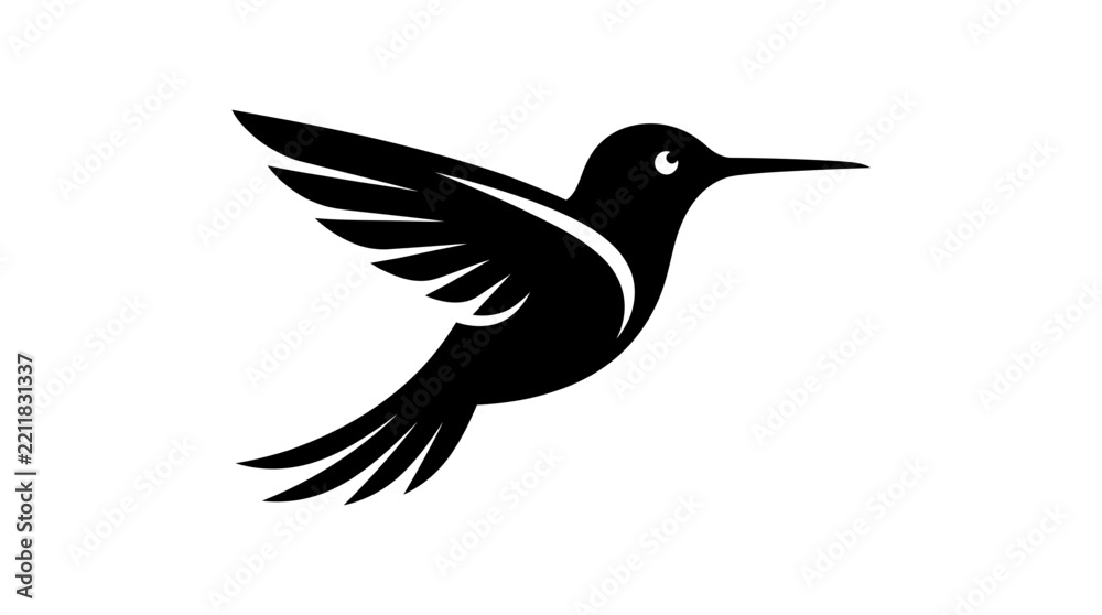 Fototapeta premium Minimalist black hummingbird silhouette soaring gracefully with outstretched wings in flat graphic vector art