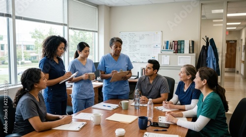 Diverse healthcare professionals gather around a conference table for an important meeting in a hospital setting