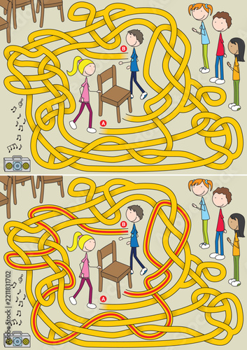 A colorful vector illustration of a children maze puzzle game with happy kids trying to find the chair.