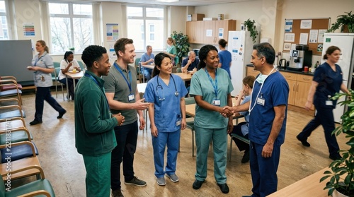 Diverse medical staff members standing and shaking hands in a hospital common area during a busy day