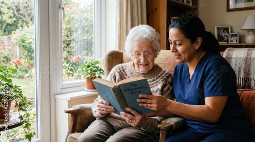 Elderly woman and caregiver reading a book together in a cozy living room during the day