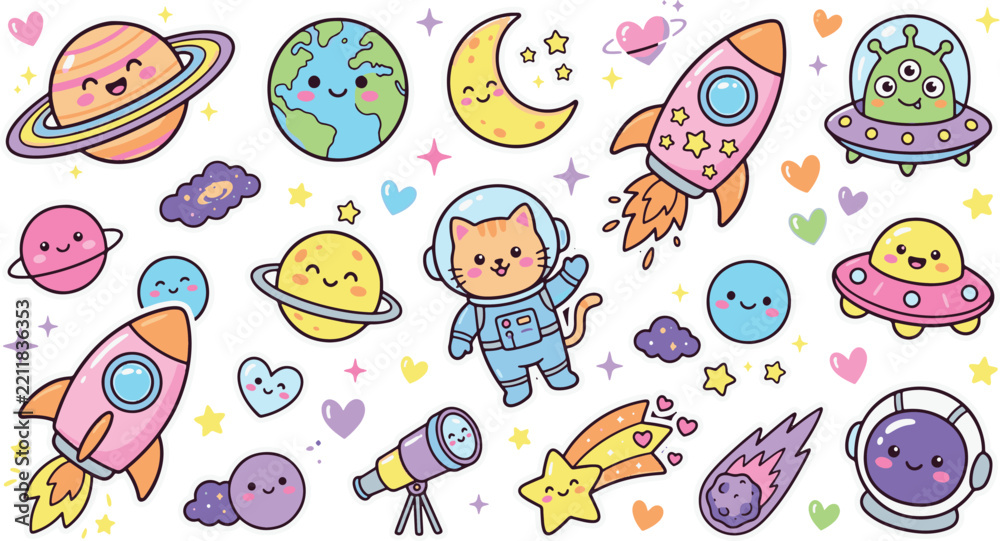 Fototapeta premium Hand drawn doodle set of space and galaxy