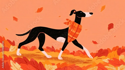 A black and white dog walks in a colorful area with autumn leaves