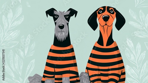 Two stylized grey and black dogs stand side by side, wearing striped shirts
