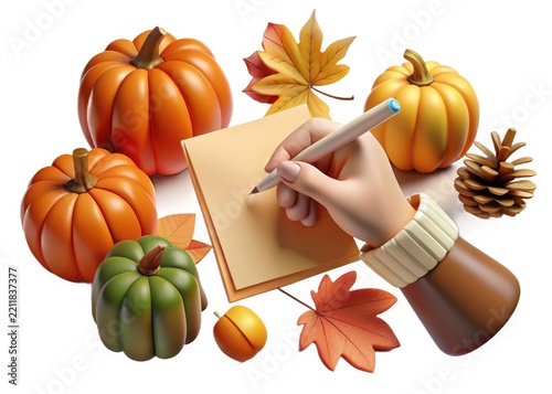 Hand Writing on Notepad Surrounded by Autumn Leaves and Pumpkins