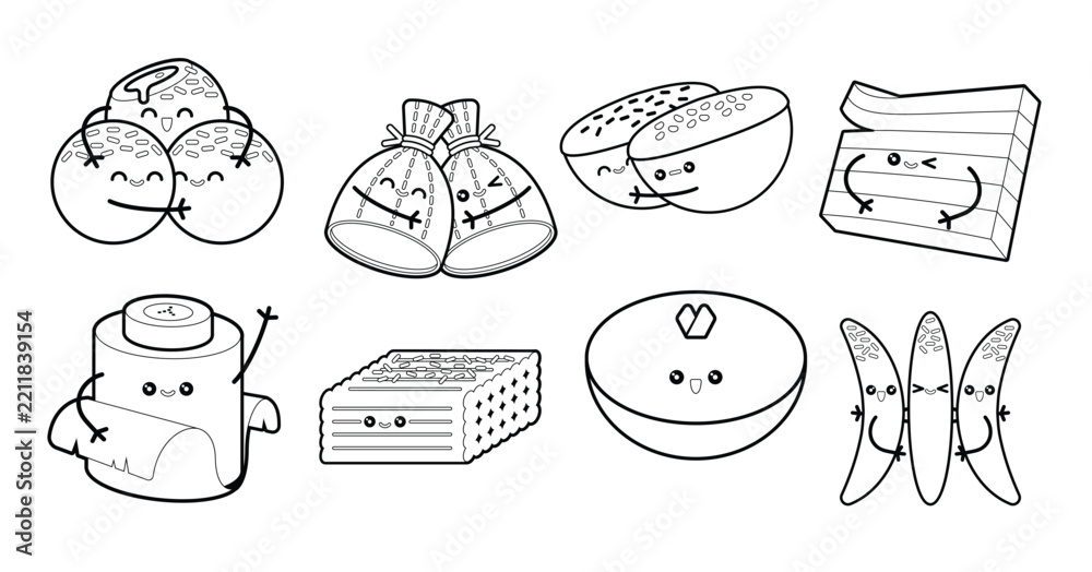 Fototapeta premium Collection of eight cute Indonesian traditional snack characters in outline line art style. Kawaii kue basah bundle including klepon, pudak, pukis, lapis, nagasari, gethuk, apem, and klanting