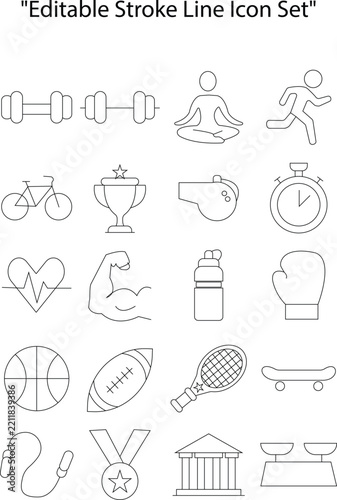Fitness and sports editable stroke line icon set with gym equipment and wellness symbols vector illustration