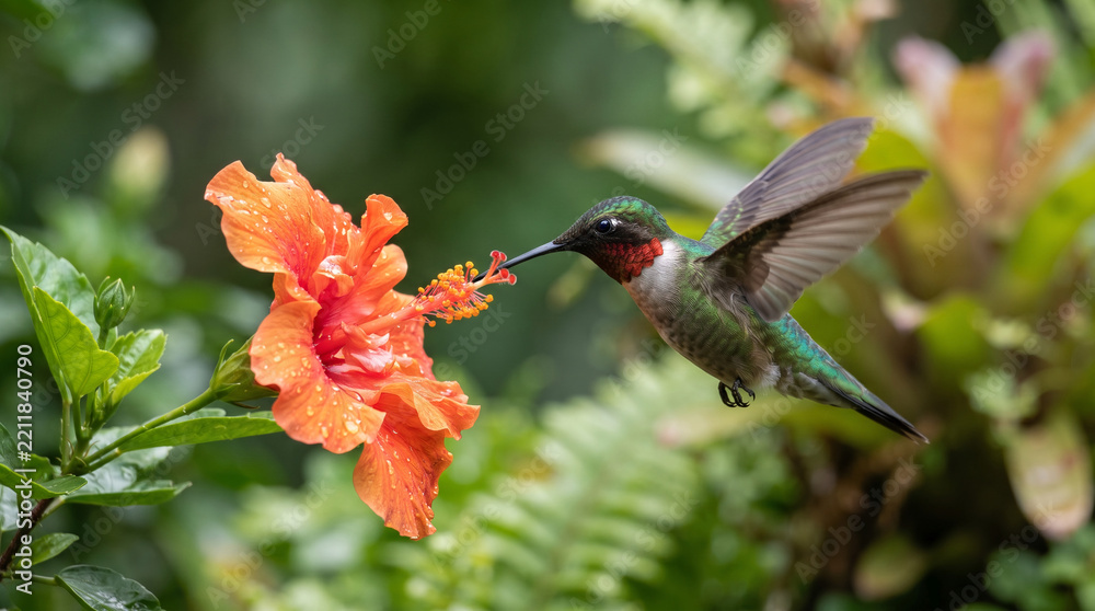 Fototapeta premium Ruby-throated hummingbird sips nectar from vibrant orange hibiscus flower
