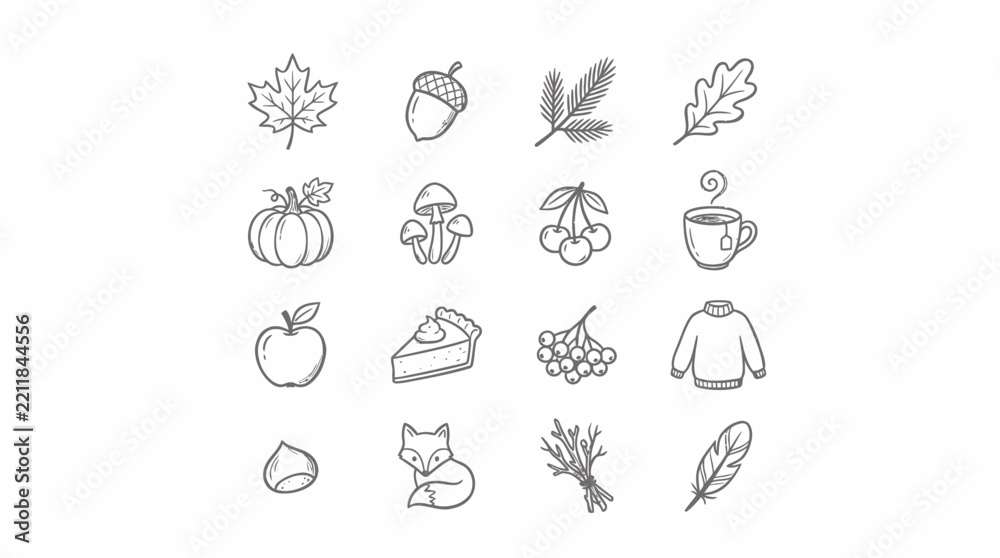 Obraz premium Collection of autumn themed icons featuring seasonal fruits and nature elements isolated