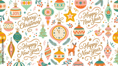 Colorful Holiday Season Greeting Cards Design With Christmas Ornaments And New Year Wishes