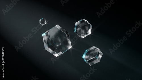 Floating transparent glass hexagonal prisms with light beams on a dark black background surface