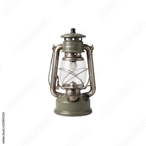 Vintage green oil lantern with metal frame and glass globe isolated on transparent background