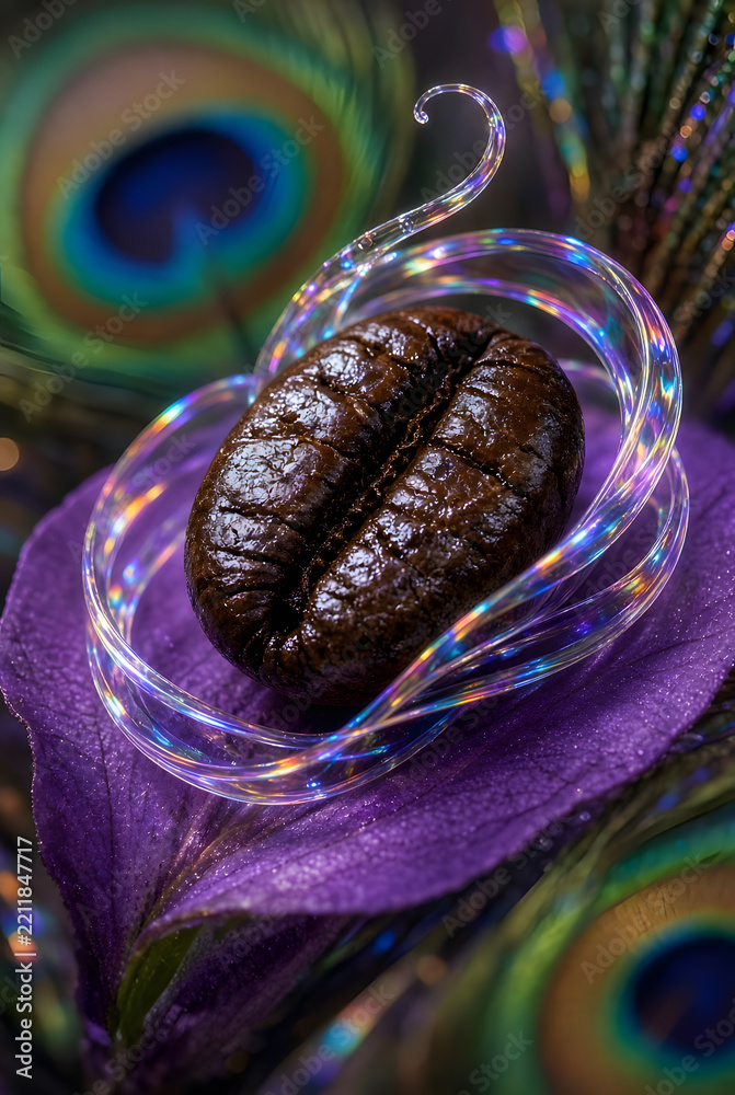 Fototapeta premium Chicco di caffè surreale con filamenti luminosi su foglia viola e piume di pavone