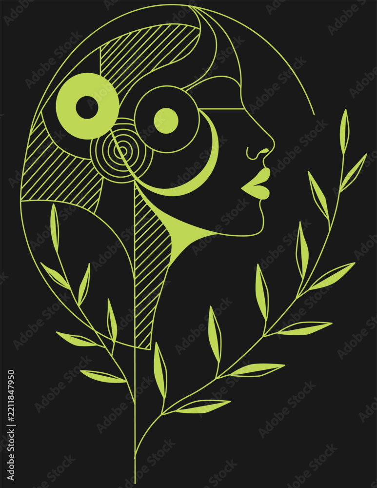 Fototapeta premium Art deco woman with leaf branches