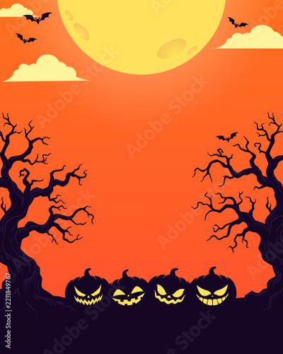 Spooky halloween night background template with jack-o'-lanterns and full moon
