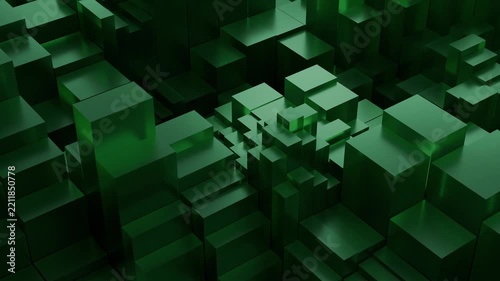 Dense field of green rectangular blocks with translucent faces and randomly transforming dimensions. Abstract 3D animation of smoothly changing emerald glass cubes. Seamless loop background , 4K 60fps
