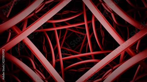 Intertwined red forms background with animation of moving through intricate geometric 3D structures. Dark tunnel of symmetric curved line patterns creating sense of deep surreal space. Looped 4K 60fps