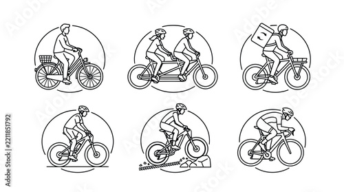 Minimalist bicycle icons vector set with riders in circular frames