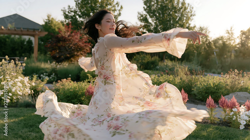 carefree woman in a flowing white dress standing with arms outstretched at golden hour sunset showing freedom happiness inner peace and joy in nature