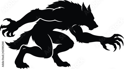 Fotografie Fierce black and white vector silhouette of a crouched werewolf preparing to att
