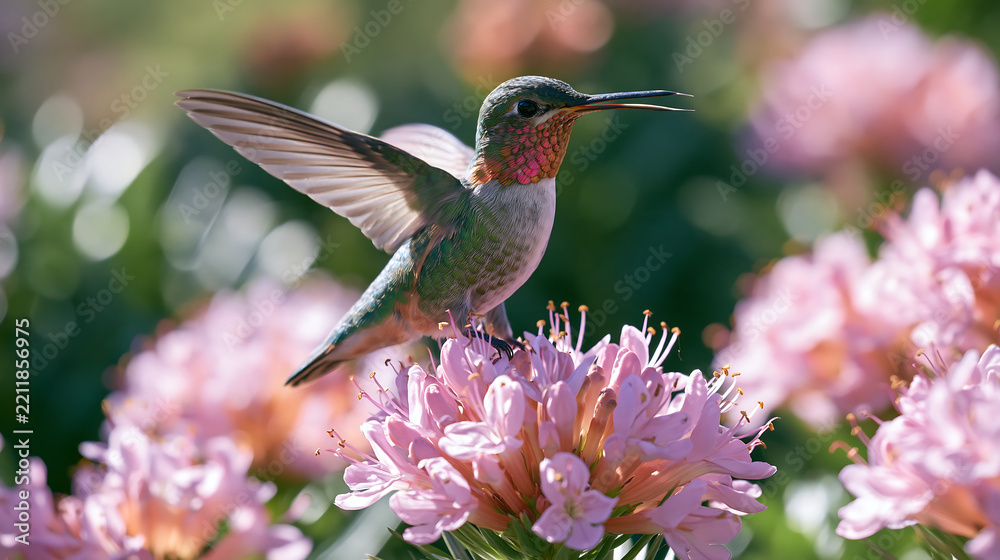 Fototapeta premium hummingbird hovering in mid air beside pink flowers with wings spread wide and a soft blurred green background in a beautiful spring garden wildlife scene