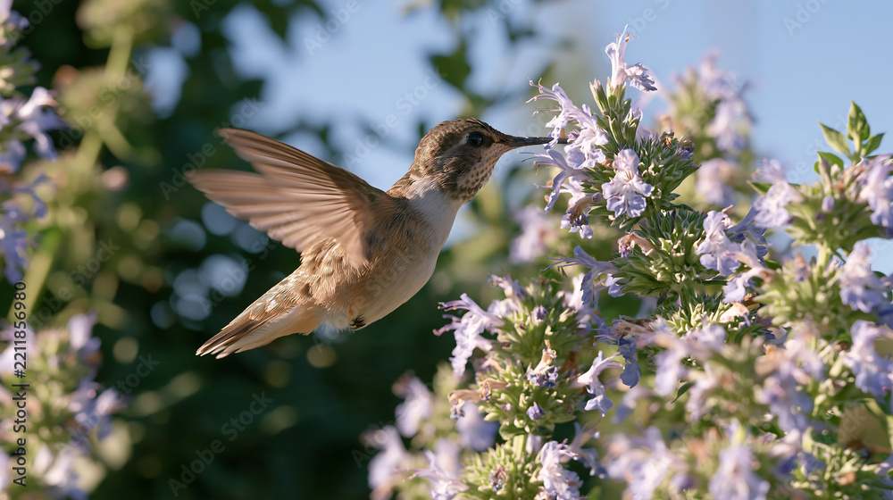 Fototapeta premium tiny colorful hummingbird feeding on nectar from blooming pink blossoms with fanned tail feathers in warm light for nature and wildlife and bird photography themes