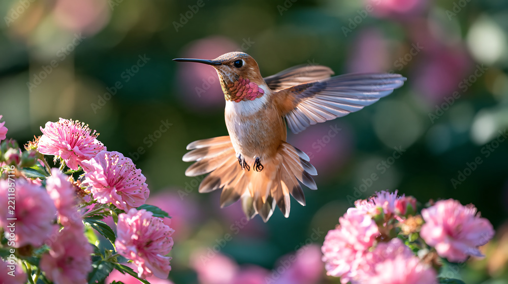 Fototapeta premium tiny colorful hummingbird feeding on nectar from blooming pink blossoms with fanned tail feathers in warm light for nature and wildlife and bird photography themes