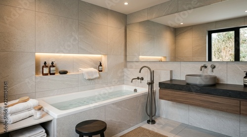 Modern luxury bathroom interior with bathtub, vanity, and large mirror