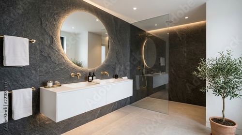 Modern Luxury Bathroom with Stone Walls and Circular Mirror